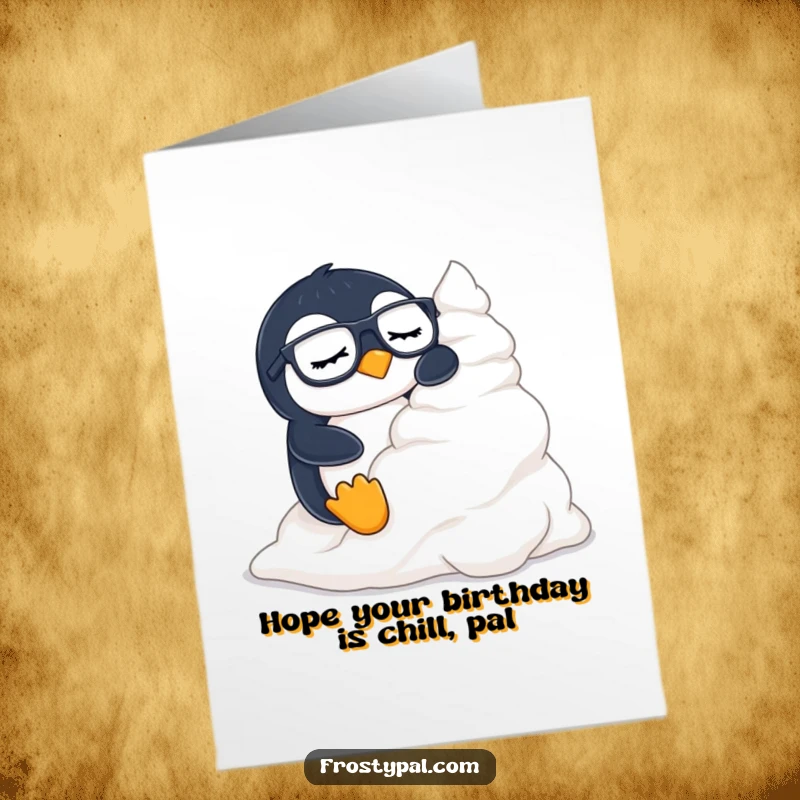 Funny Free Printable Birthday Card: A sleepy penguin in glasses slides down a mountain of whipped cream, enjoying a sweet moment.