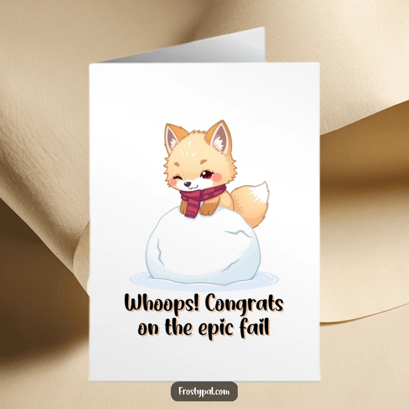 Funny Free Printable Congratulations Card: A fluffy arctic fox in a scarf tripping over a huge snowball, a humorous take on challenges.