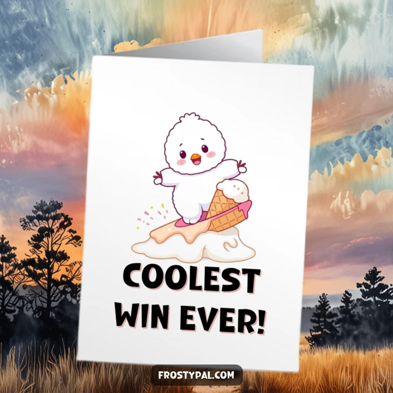 Funny free printable congratulations card: a snowman successfully surfing a melting ice cream cone, celebrating achievement.