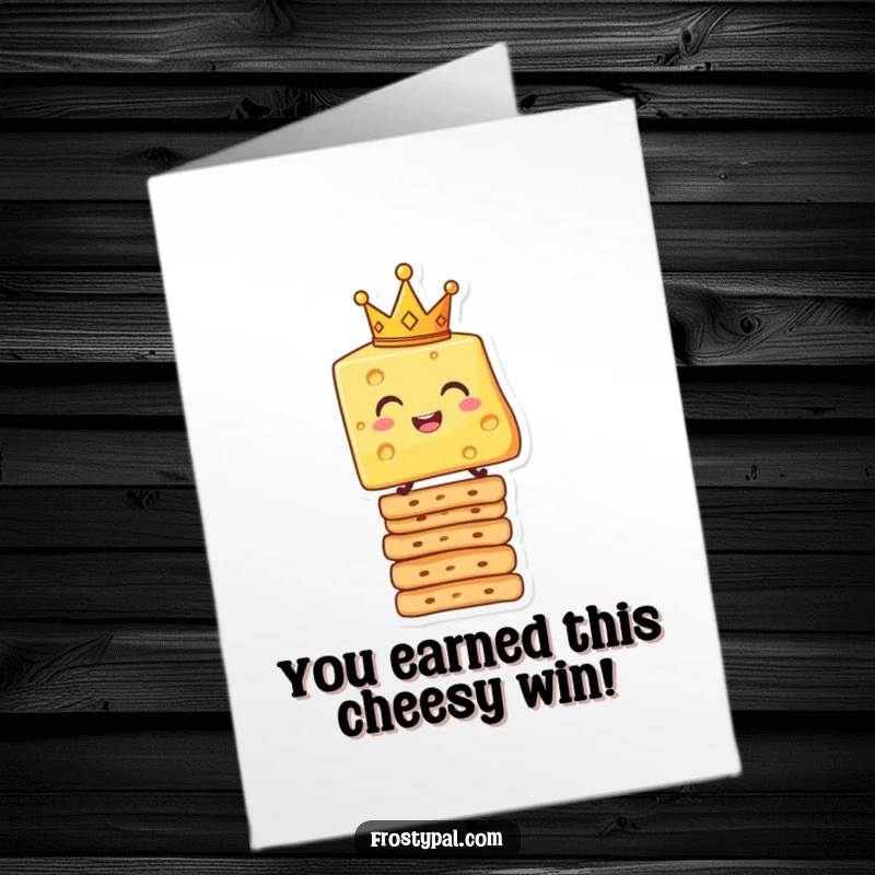 Funny Free Printable Congratulations Card showing a crowned cheese slice on crackers, celebrating a big achievement with cheesy style.