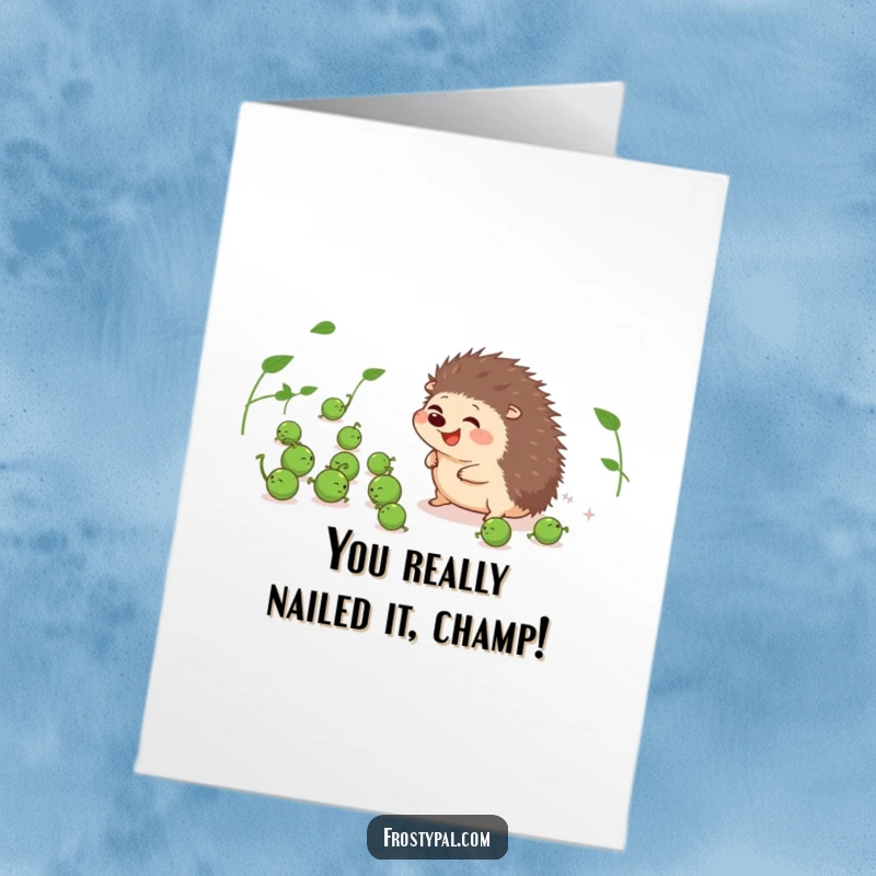 Funny Free Printable Congratulations Card featuring a giggling hedgehog comically herding a flock of escaping peas.