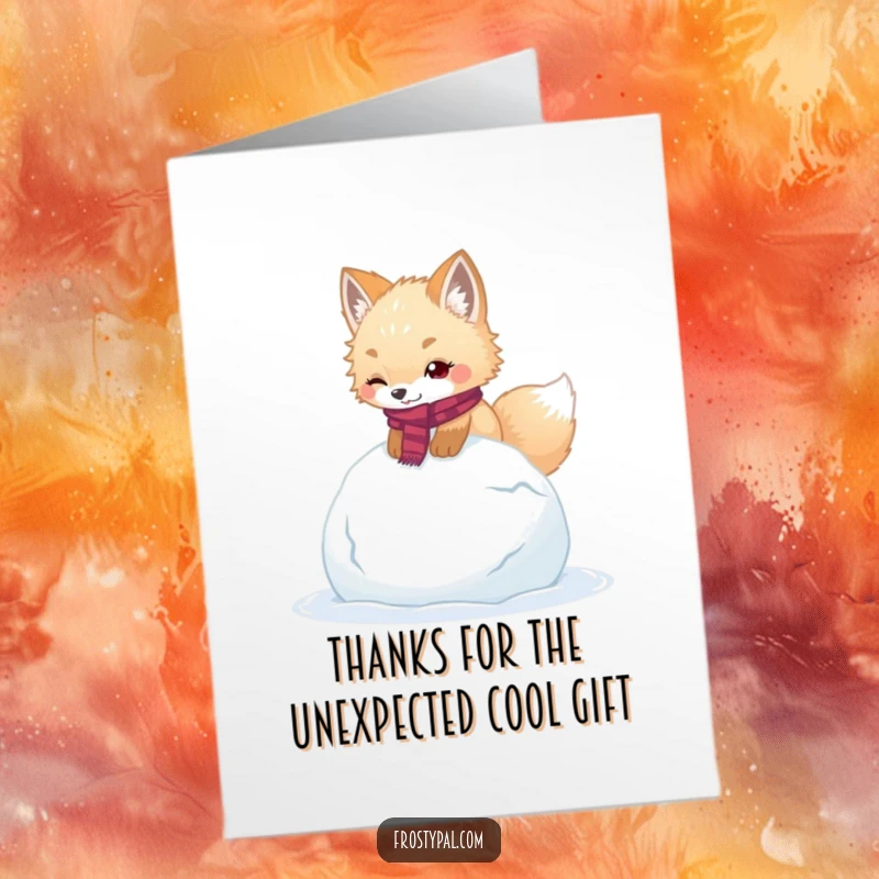 Funny Free Printable Thank You Card: A cute arctic fox wearing a scarf tumbling over a massive snowball, a funny gesture of gratitude.