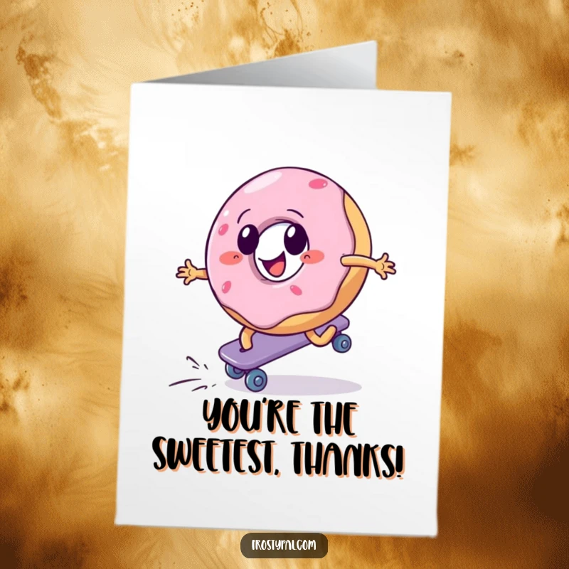Funny Free Printable Thank You Card: A cheerful donut aggressively roller skating uphill, expressing thanks for effort.
