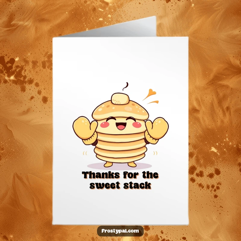 Funny Free Printable Thank You Card: A stack of pancakes wearing mittens attempting to high-five the wind, a funny gesture of thanks.