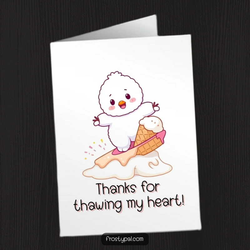 Funny free printable thank you card: a snowman balancing on a melting ice cream cone, expressing thanks.