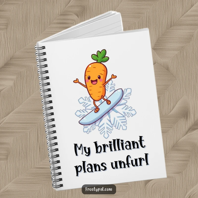 Funny carrot notebook cover, depicting a cheerful carrot with stick legs joyfully surfing on a giant snowflake.