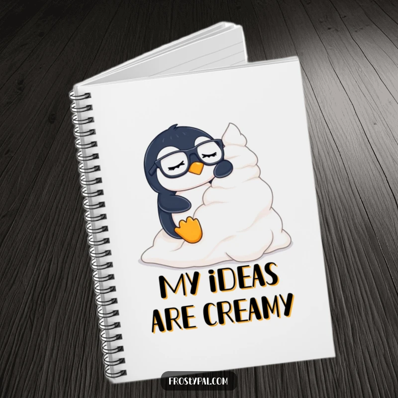 Funny penguin notebook cover, depicting a sleepy penguin wearing glasses sliding down a mountain of whipped cream.