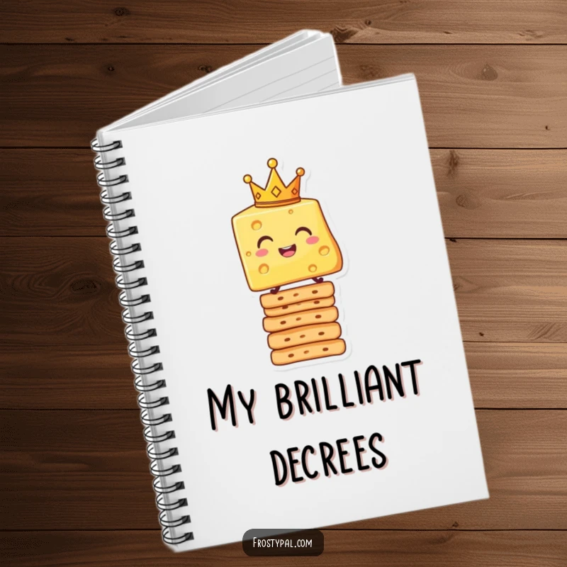 Funny notebook cover with a smiling crowned cheese slice balancing on crackers, great for jotting down funny ideas.