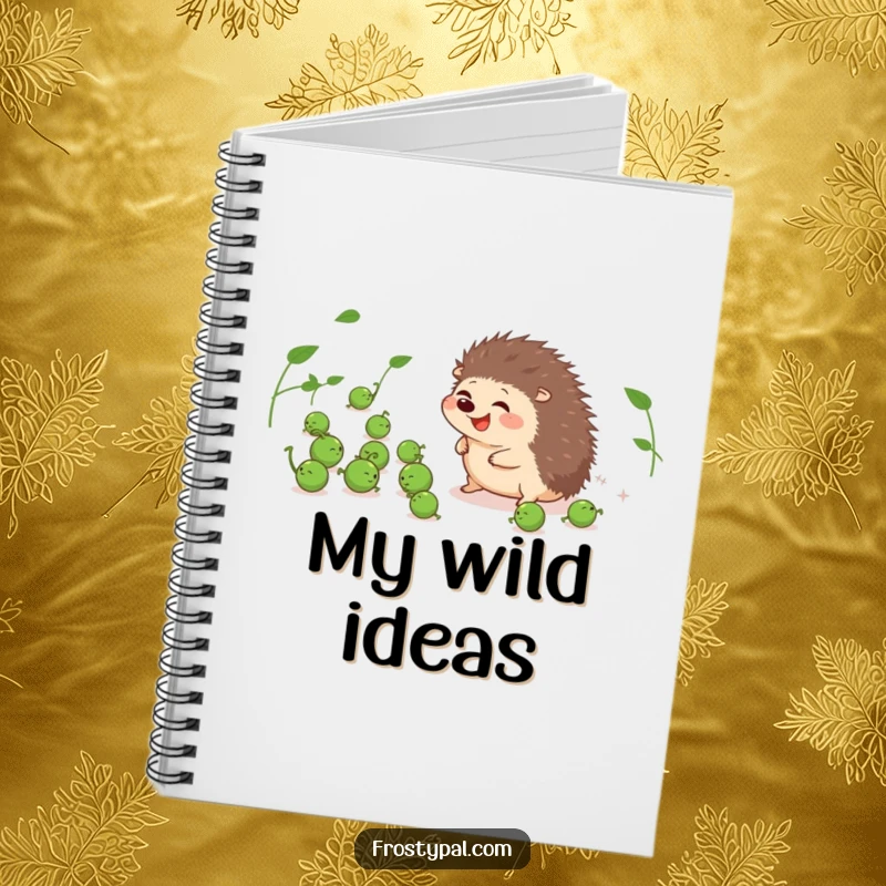Funny notebook cover with a giggling hedgehog herding peas, great for jotting down funny notes.