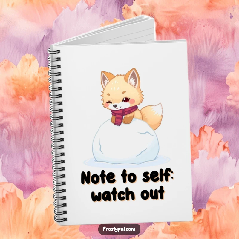 Funny arctic fox notebook cover, depicting a fluffy fox in a scarf humorously tripping over a giant snowball.