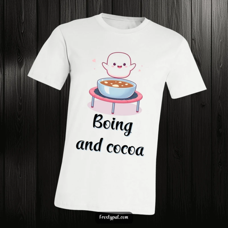 Funny t-shirt featuring a marshmallow blob launching from a trampoline into hot cocoa, depicting a moment of sweet, chaotic fun.