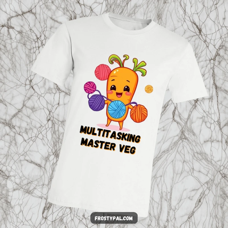 Funny cheerful carrot juggling brightly colored yarn balls with sprout-hands, a vibrant and humorous graphic tee.
