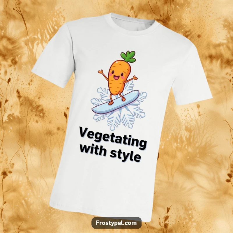 Funny carrot t-shirt depicts a cheerful carrot with stick legs joyfully surfing on a giant snowflake.