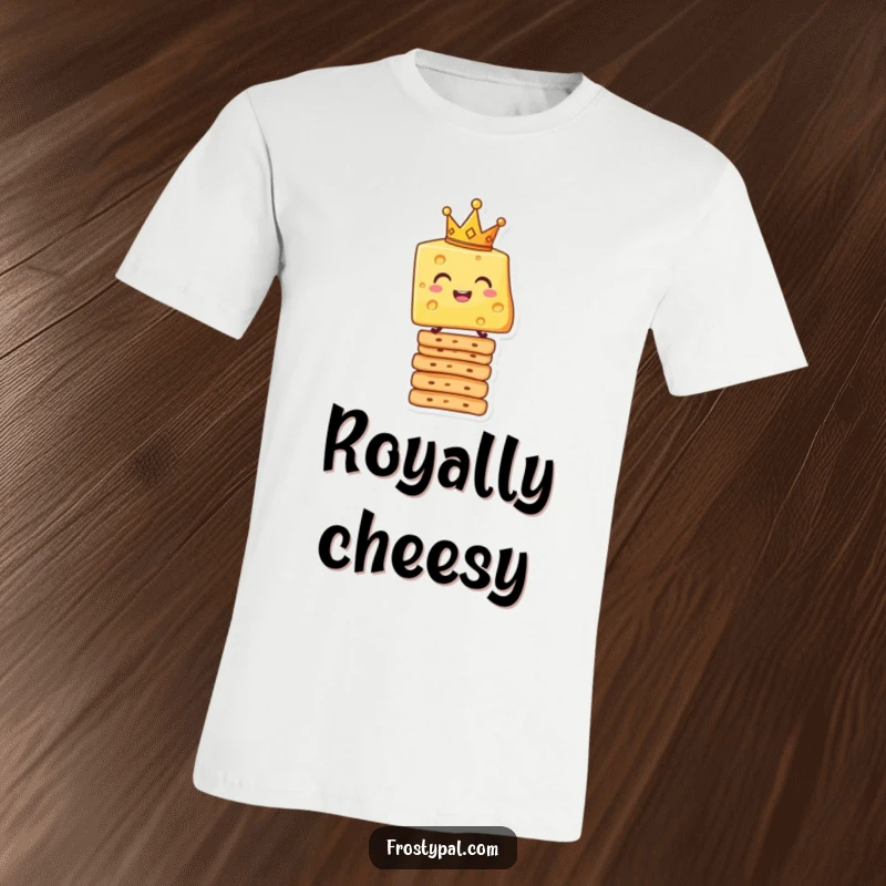 Funny t-shirt showcasing a smiling cheese slice with a crown, precariously balanced on crackers, a comical and regal image.