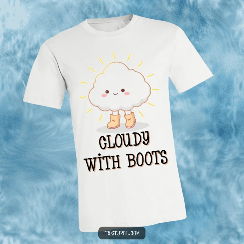 Funny t-shirt depicting a cloud in big boots gently tiptoeing across a sunbeam, symbolizing gentle adventures and sweet dreams.