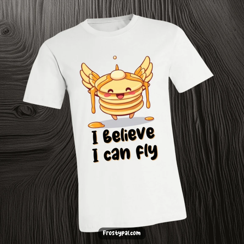 Funny pancake t-shirt with syrup wings trying to fly, depicting a comical breakfast scene and enthusiastic, clumsy character.
