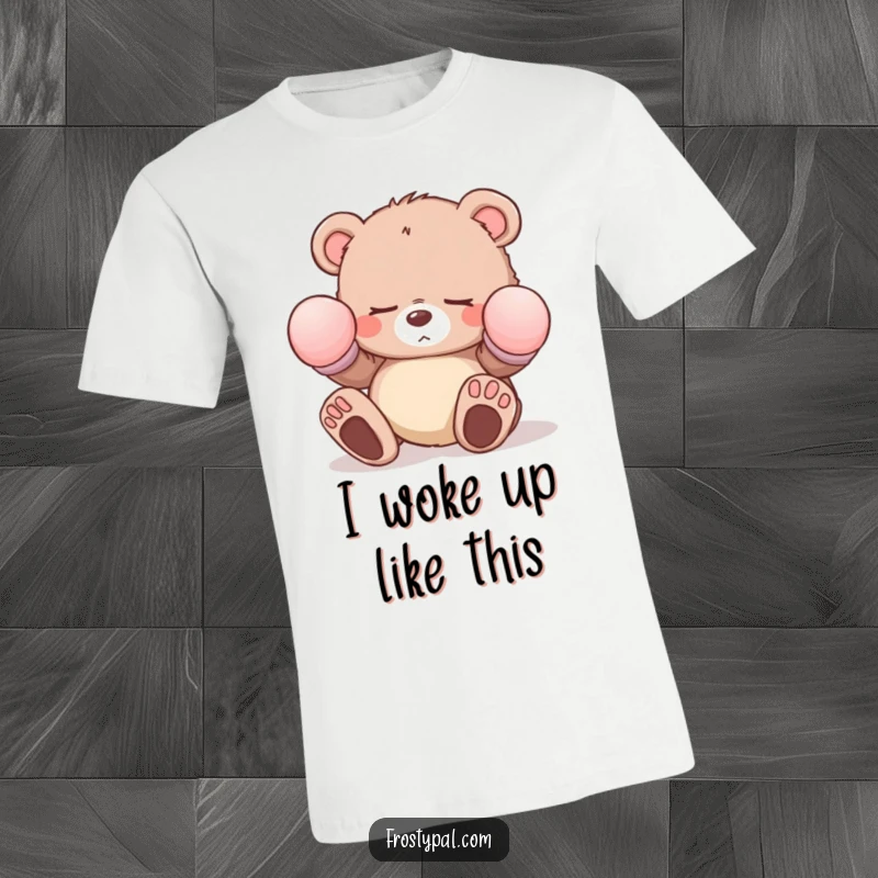 Funny sleepy bear cub t-shirt with oversized mittens tripping, depicting a comical and adorable character with a relatable sense of clumsiness.