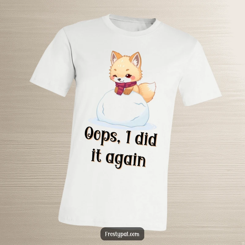 Funny arctic fox t-shirt depicts a fluffy fox wearing a scarf, humorously stumbling over an oversized snowball.