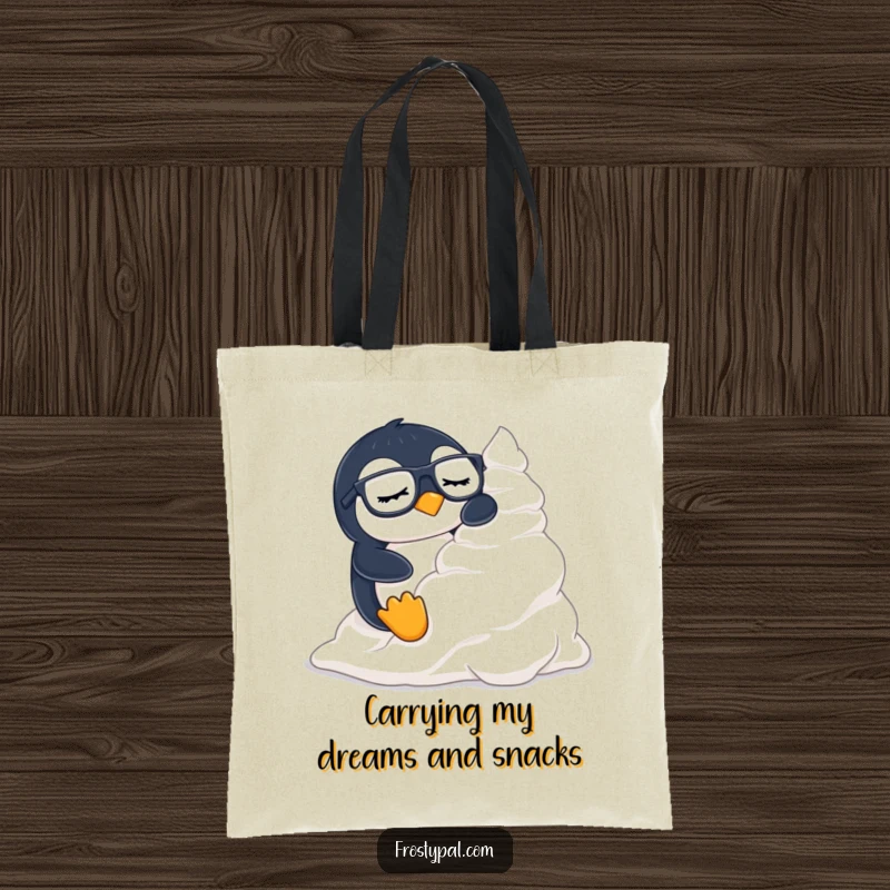 Funny penguin tote bag displays a sleepy penguin wearing glasses, sliding down a mountain of whipped cream.