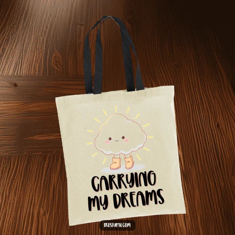 Funny tote bag illustrating a small cloud in large boots tiptoeing across a sunbeam, a charming and whimsical design for everyday use.
