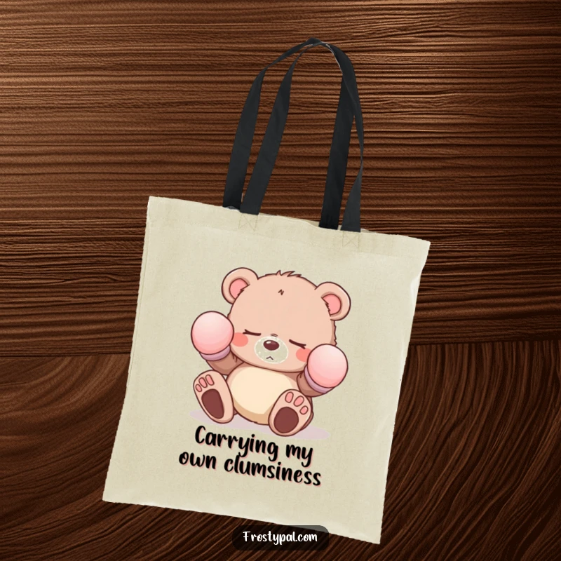 Funny sleepy bear cub tote bag wearing oversized mittens and tripping, depicting an adorable and humorous character for practical use.