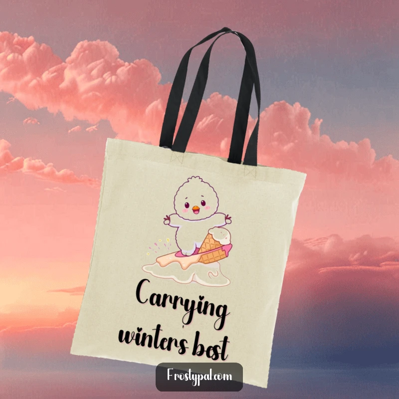 Funny fluffy white snowman attempting to surf on a melting ice cream cone, a stylish and humorous tote bag.