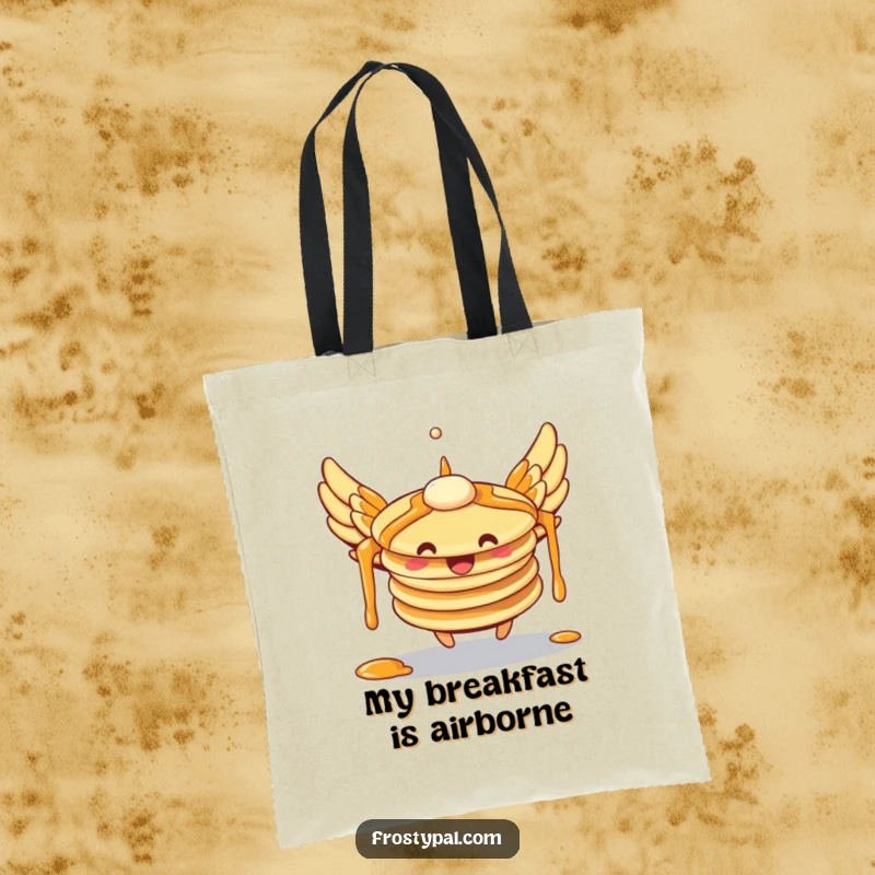 Funny pancakes tote bag with syrup wings attempting to fly, showcasing a cute breakfast character and a humorous, practical design.